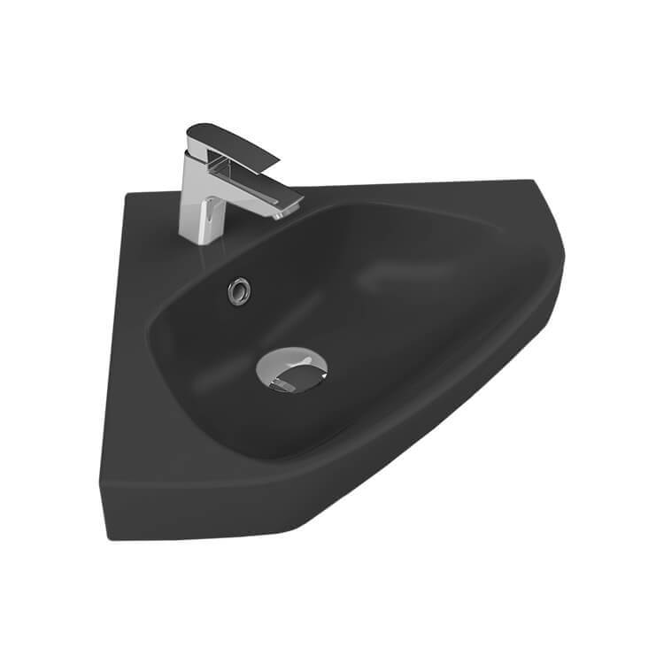 CeraStyle 001907-U-97-One Hole Small Corner Matte Black Ceramic Drop In or Wall Mounted Bathroom Sink